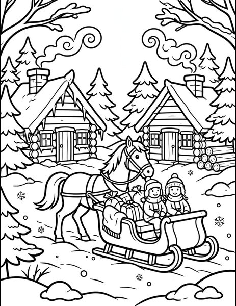 Sleigh Ride coloring page: A horse sleigh glides through snow.