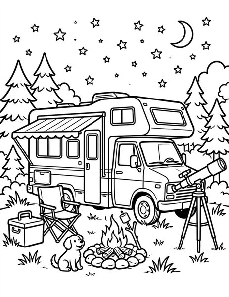 Motorhome coloring page: A motorhome camps under the stars.