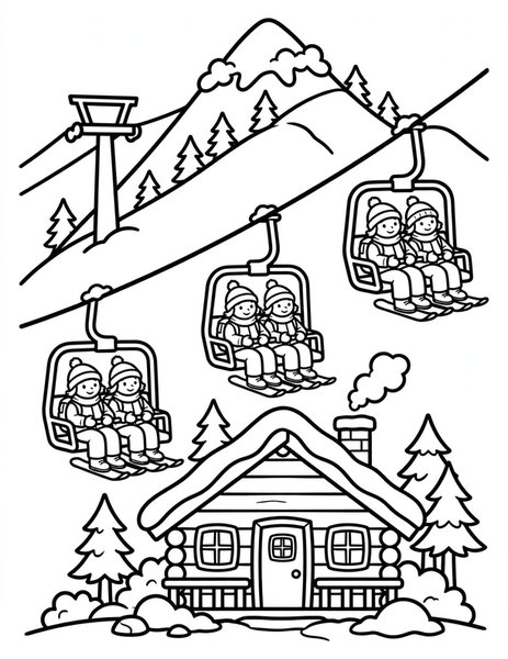 Mountain Ski Lift coloring page: A ski lift carries skiers up the mountain.