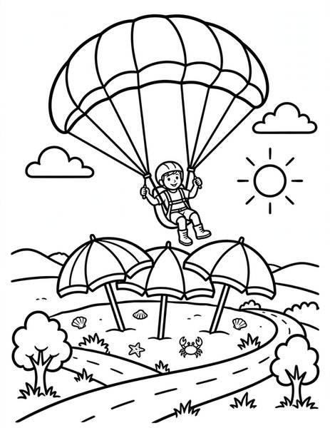 Paraglider coloring page: A paraglider drifts over the beach.