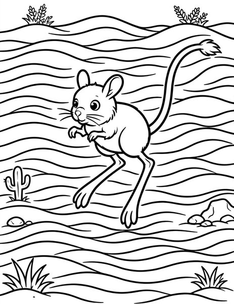 Jerboa Hop coloring page: A tiny jerboa hops across desert sand on its long back feet.