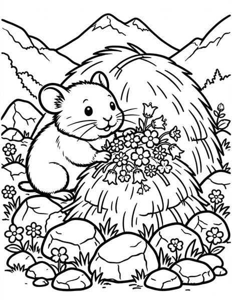 Pika Pick coloring page: A pika gathers a bundle of wildflowers for its mountain haystack.
