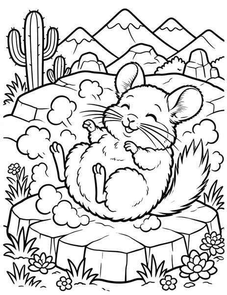 Chinchilla Bath coloring page: A soft chinchilla rolls happily in a dust bath on a rock.