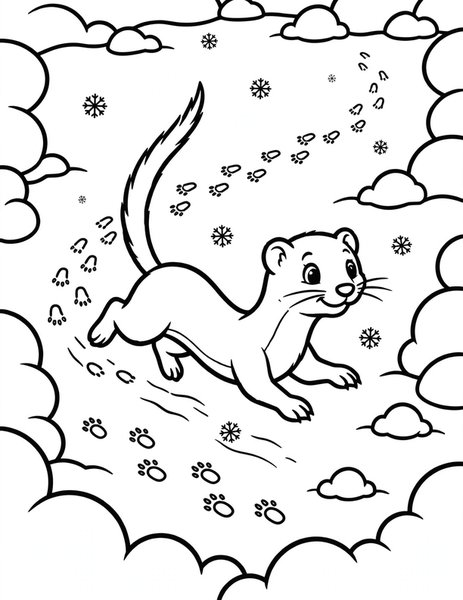 Weasel Dash coloring page: A quick weasel dashes through fresh snow, leaving tiny footprints.