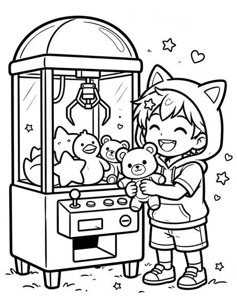 Claw Machine Win coloring page: A kid wins a plush from a claw machine.