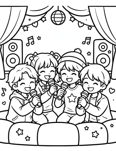 Karaoke Night coloring page: Friends sing together at karaoke.