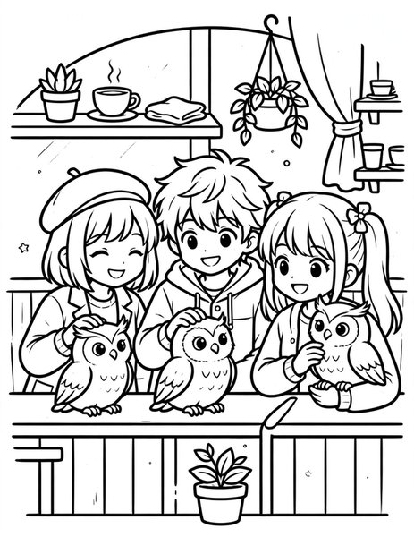 Owl Cafe Visit coloring page