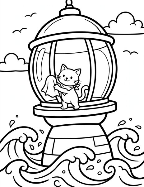 Cat Lighthouse Keeper coloring page: A cat lighthouse keeper polishes the big lamp at the top.
