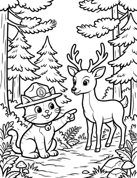 Cat Park Ranger coloring page: A cat park ranger points out a deer on the forest trail.