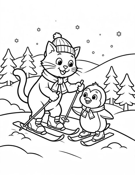 Cat Ski Instructor coloring page: A cat ski instructor teaches a penguin to snowplow down the hill.