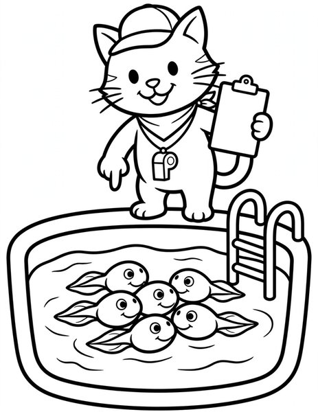 Cat Swim Coach coloring page