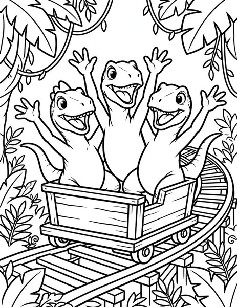 Raptor Roller Coaster coloring page: Raptors scream with joy on a log roller coaster.