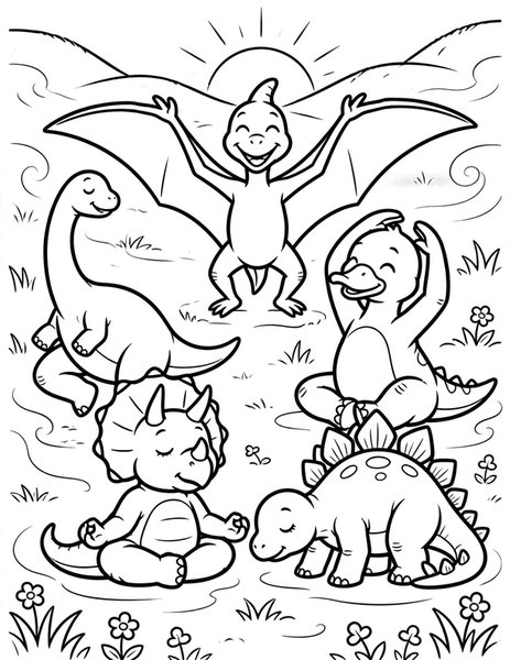 Dino Yoga Class coloring page: Dinosaurs stretch in a peaceful morning yoga class.