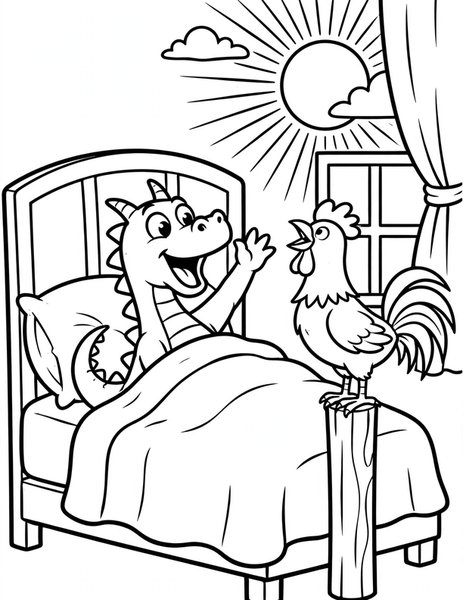 Rooster Wake Up coloring page: A dragon wakes as a rooster crows.