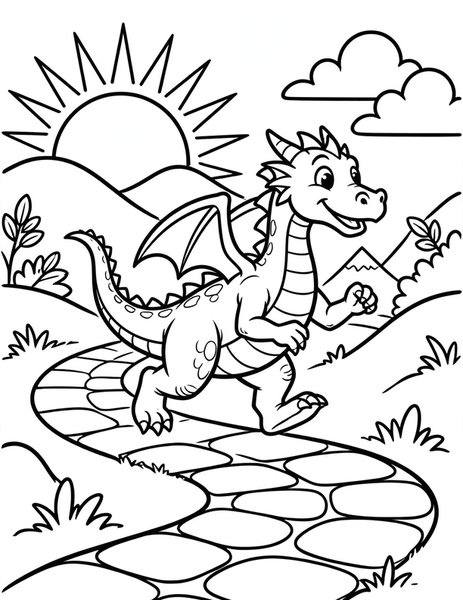 Dragon Jog coloring page: A fit dragon jogs along at sunrise.