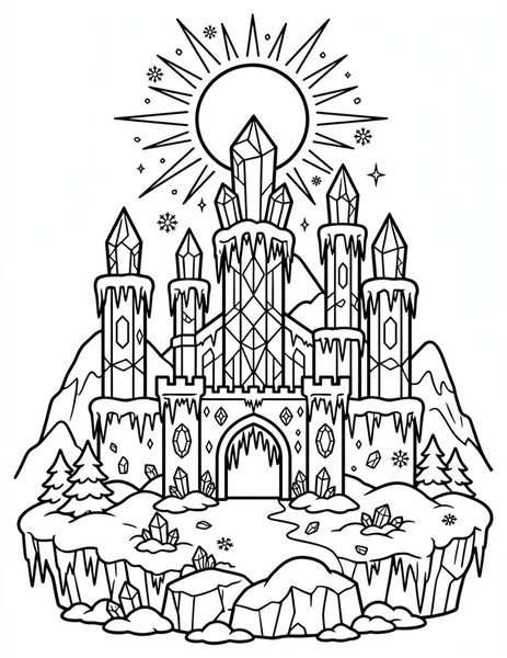 Ice Palace coloring page: An ice queen's palace gleams.