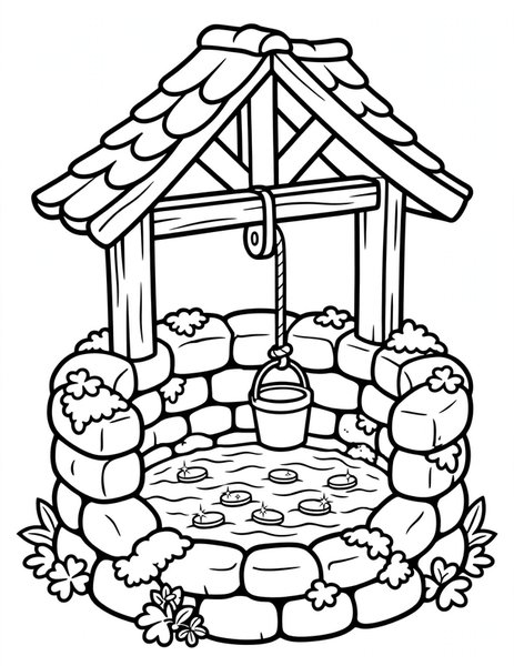Wishing Well coloring page: Coins glint in the deep well.