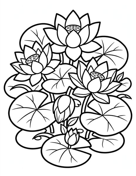 Detailed Lotus Pond coloring page: A pond of detailed lotus flowers.