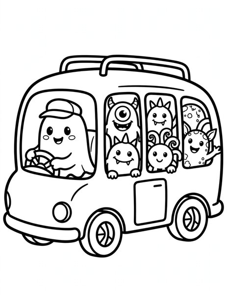 Ghost Bus Driver coloring page: A friendly ghost drives a bus full of happy little monsters.