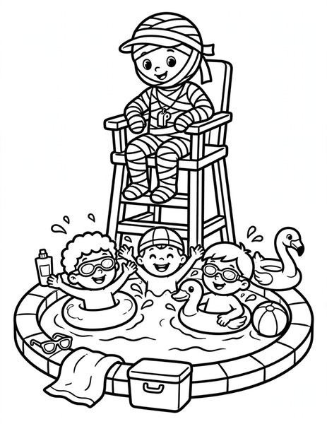 Mummy Lifeguard coloring page: A mummy lifeguard watches over a pool party from a tall chair.