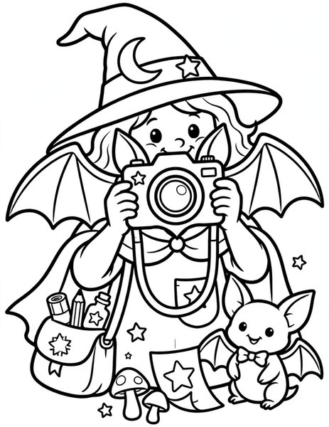 Witch Photographer coloring page: A witch photographer snaps pictures with a bat-shaped camera.
