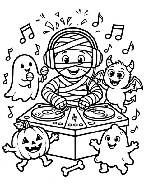 Mummy DJ coloring page: A mummy DJ spins spooky-cute tunes at a monster dance party.