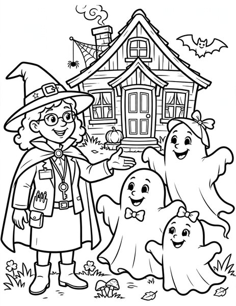 Witch Real Estate Agent coloring page: A witch shows a cozy haunted cottage to a ghost family.
