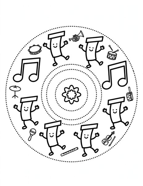 Music Note Mandala coloring page: Notes dance in merry rings.