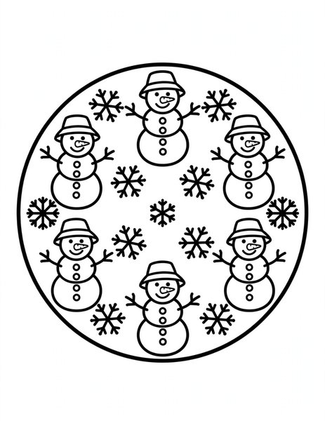 Winter Wonderland Mandala coloring page: Snowmen and flakes ring together.