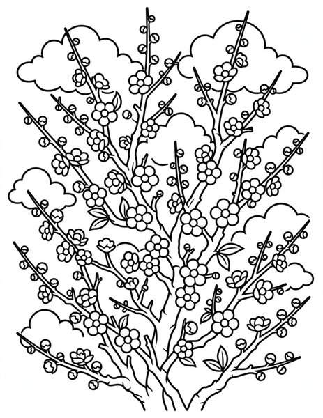 Plum Blossom coloring page: Dark branches burst with deep pink plum blossoms.