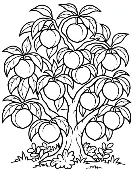 Peach Orchard coloring page: Ripe peaches hang heavy among the green orchard leaves.