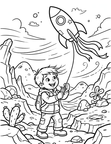 Space Kite coloring page: A kid flies a rocket-shaped kite on a windy planet.