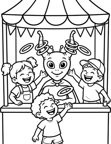Carnival Rings coloring page: Kids toss rings onto a friendly alien's horns.