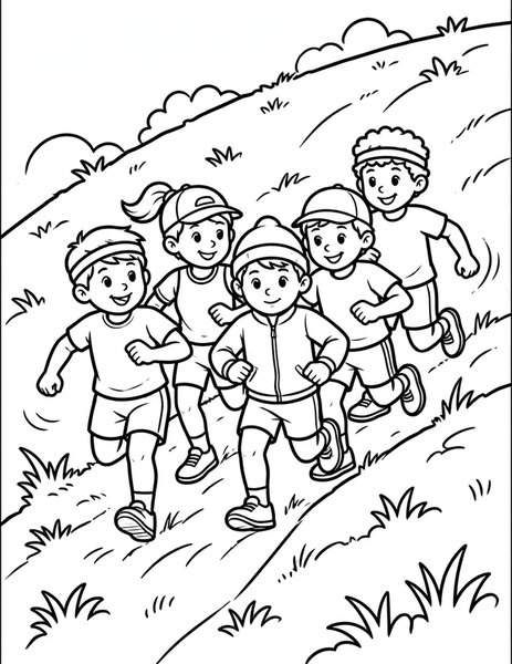 Cross Country Run coloring page: Runners charge up a grassy hill in a cross country race.