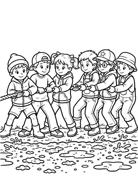Tug of War coloring page: Two teams heave on the rope in a mighty tug of war.