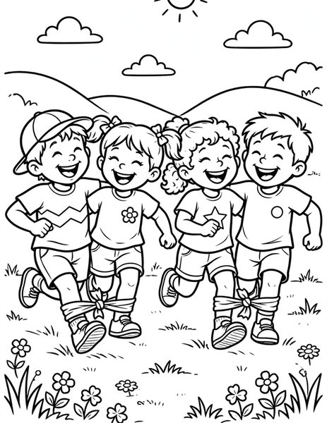 Three-Legged Race coloring page: Partners stumble and laugh in a three-legged race.