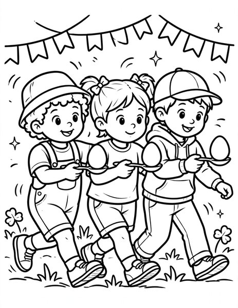Egg Spoon Race coloring page: Racers balance eggs on spoons, walking as steadily as they can.