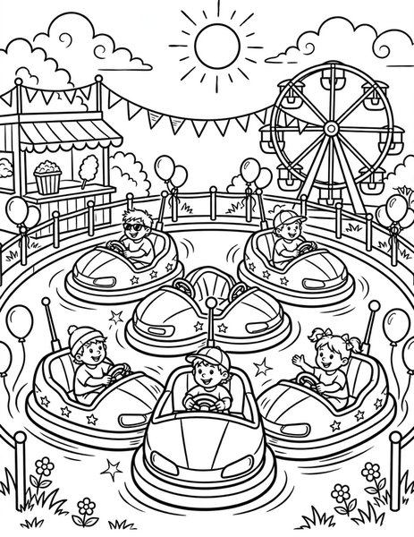 Bumper Cars coloring page: Bumper cars crash at the fair.