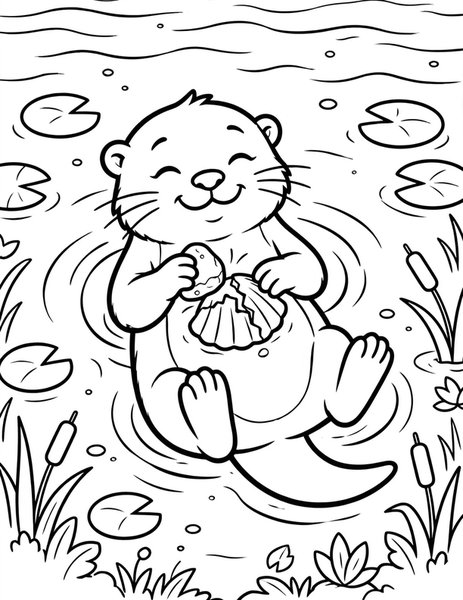Otter Float coloring page: An otter floats on its back, cracking open a shell on its tummy.