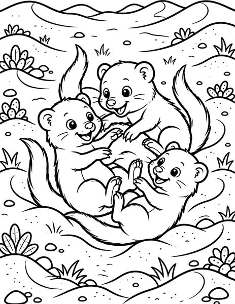 Mongoose Play coloring page: Young mongooses wrestle and tumble together in the warm sand.