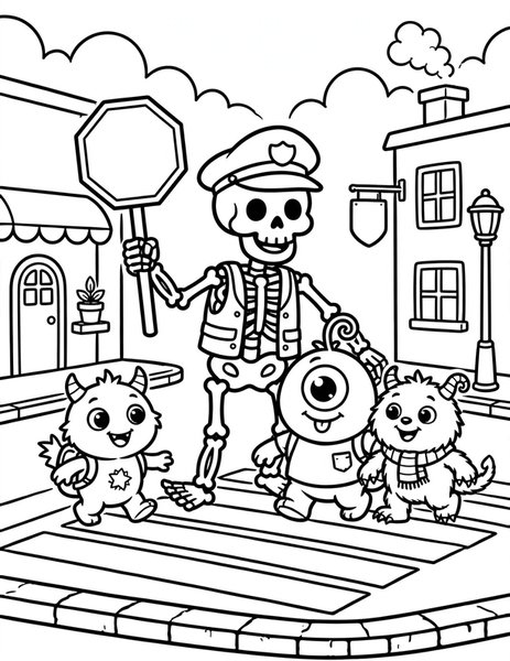 Skeleton Crossing Guard coloring page: A skeleton crossing guard helps little monsters cross the street.