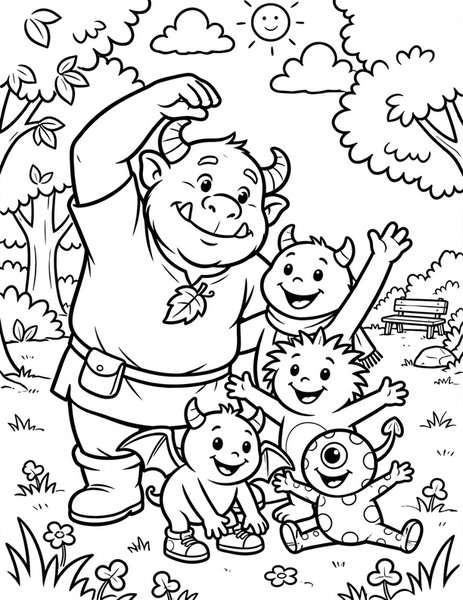 Ogre Personal Trainer coloring page: A gentle ogre leads monsters in morning stretches at the park.