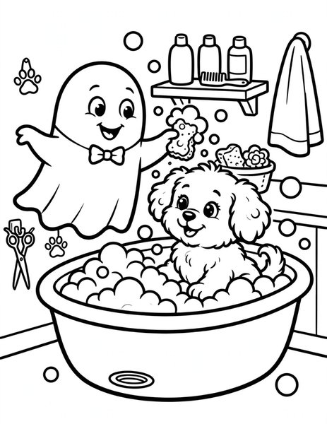 Ghost Dog Groomer coloring page: A ghost gives a fluffy puppy a bubble bath at the pet salon.