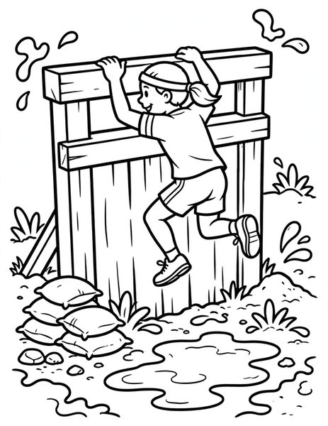 Obstacle Dash coloring page: A runner scrambles over walls and under nets in an obstacle dash.