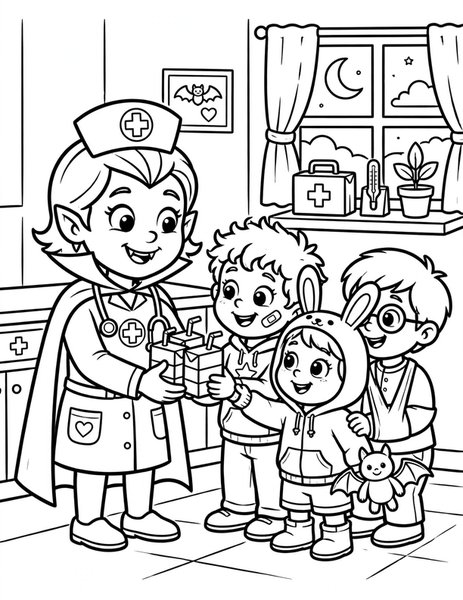 Vampire Night Nurse coloring page: A kind vampire nurse hands out juice boxes at the night clinic.