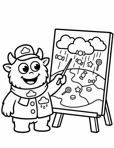 Monster Meteorologist coloring page: A monster weatherman points to a forecast of candy rain.
