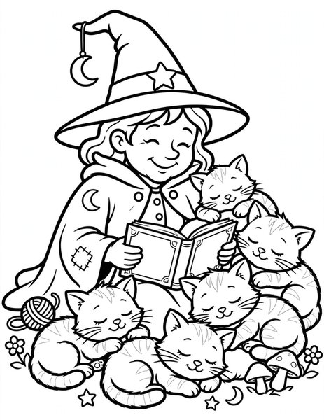 Witch's Cat Sitter coloring page: A witch reads stories to a pile of sleepy kittens.