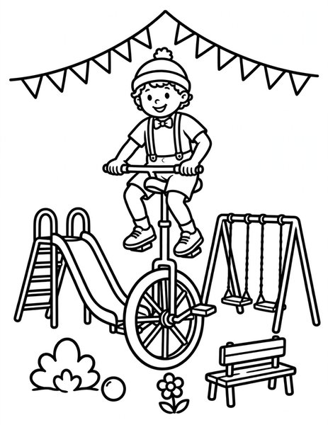 Unicycle Ride coloring page: A performer pedals a tall unicycle across the playground.