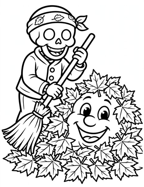 Skeleton Street Sweeper coloring page: A skeleton sweeps autumn leaves into a grinning pile.