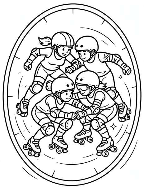 Derby Jam coloring page: Roller derby skaters jam around the track in a pack.